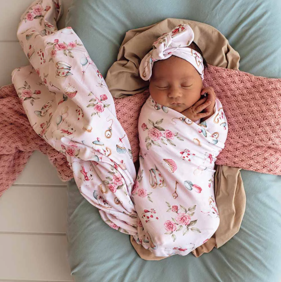 Baby Jersey Wrap & Topknot Set - Alice's Tea Party