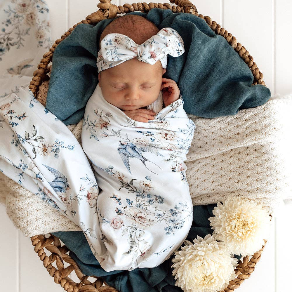 Baby Jersey Wrap & Topknot Set - Sweet Swallows