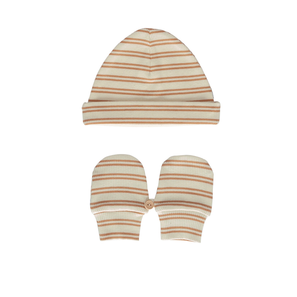 Henley Beanie and Mittens Set - Cream & Caramel Stripe