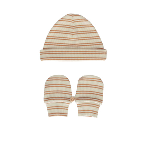 Henley Beanie and Mittens Set - Cream & Caramel Stripe