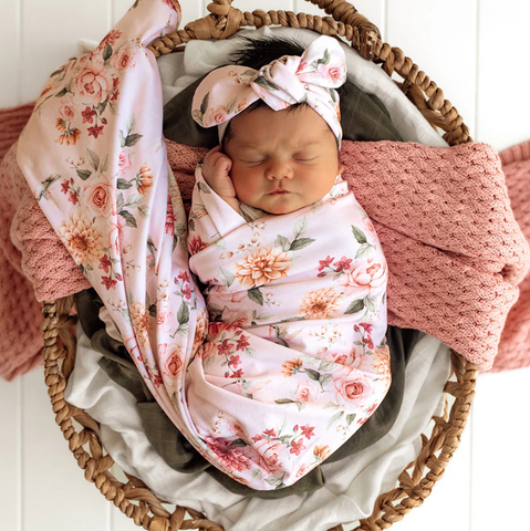 Baby Jersey Wrap & Topknot Set - Birds & Blooms