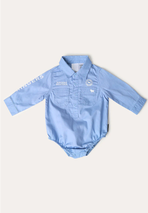 Howdy Tot Babies Long Sleeve Workshirt Romper - Powder Blue