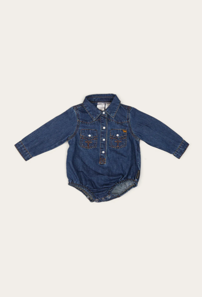 Jax Babies Chambray Western Shirt Romper - Classic Blue