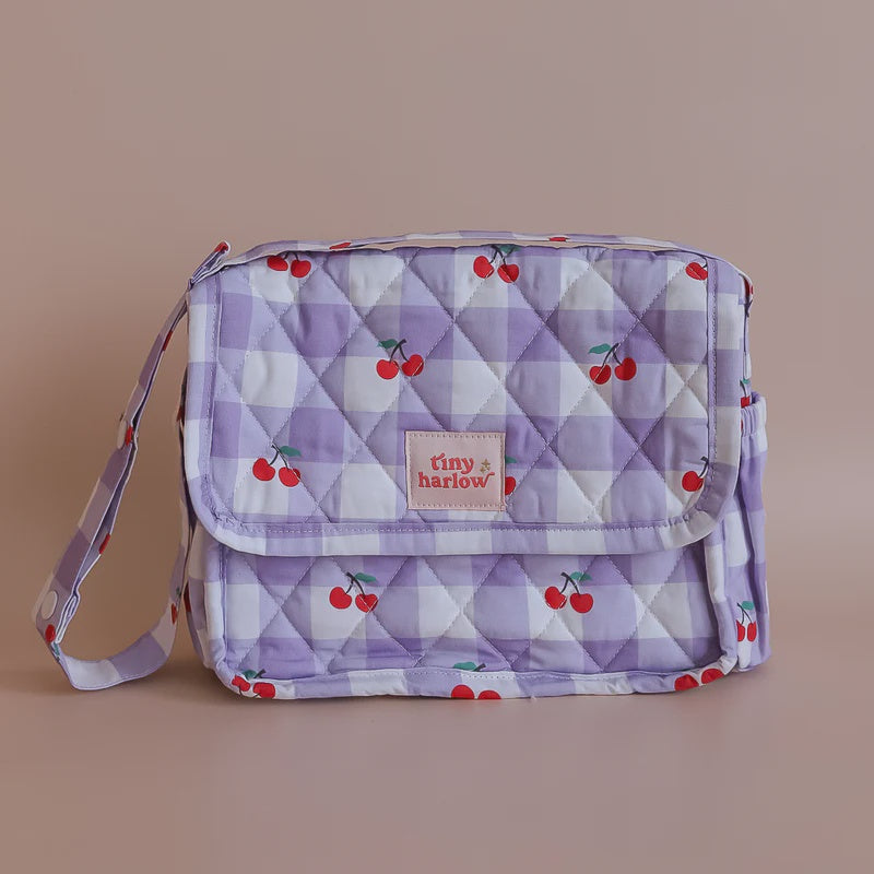 Convertible Dolls Nappy Bag Set -Lilac Gingham Cherry