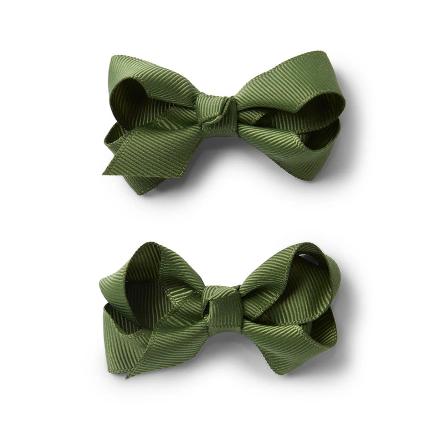 Bow Clip Small Piggy Tail Pair - Olive