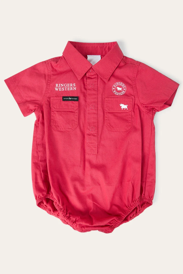 Ringers Babies Short Sleeve Work Shirt Romper - Berry