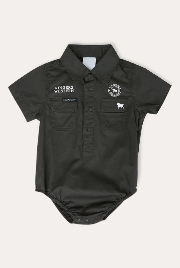 Ringers Babies Short Sleeve Work Shirt Romper - Charcoal
