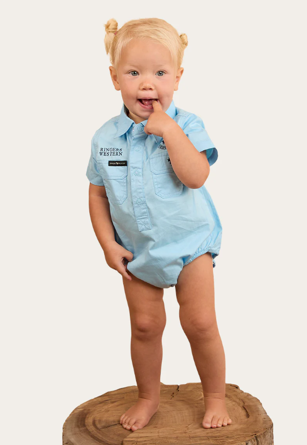 Ringers Babies Short Sleeve Work Shirt Romper - Sky Blue