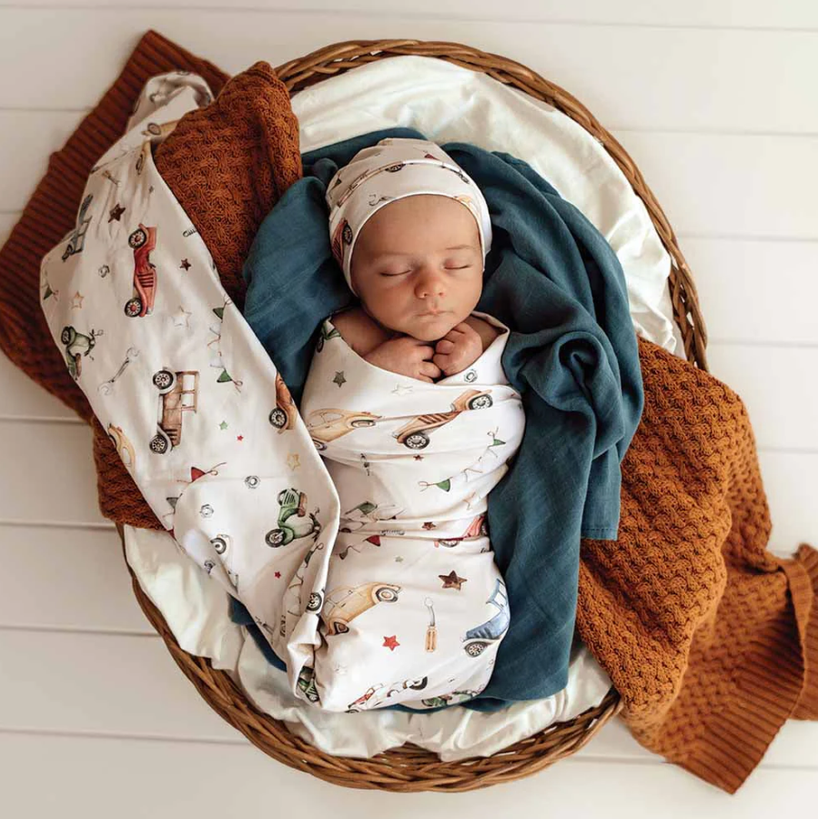 Baby Jersey Wrap & Beanie Set - Vintage Cars