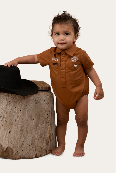 Ringers Babies Short Sleeve Work Shirt Romper - Tobacco
