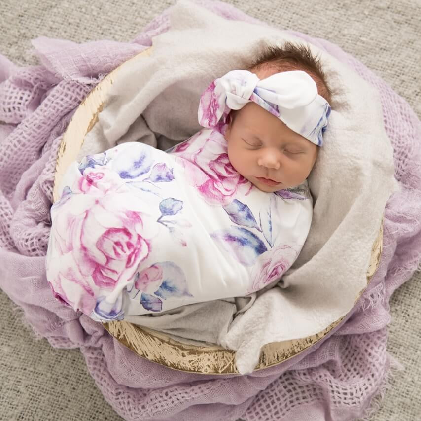 Baby Jersey Wrap & Topknot Set - Lilac Skies