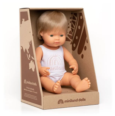 Miniland Doll - Anatomically Correct, Caucasian Boy - Dark Blond Hair - 38cm Boxed