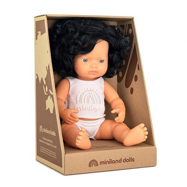 Miniland Doll - Anatomically Correct,  Caucasian Girl, Black Curly Hair, 38cm Boxed