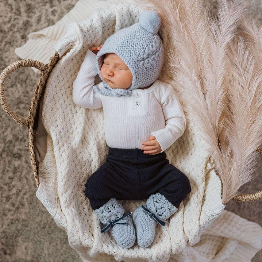 Merino Wool Bonnet & Booties - Blue