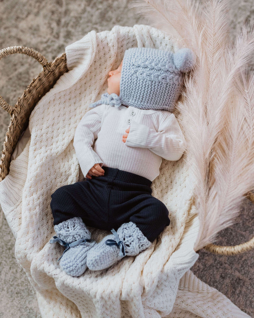 Merino Wool Bonnet & Booties - Blue