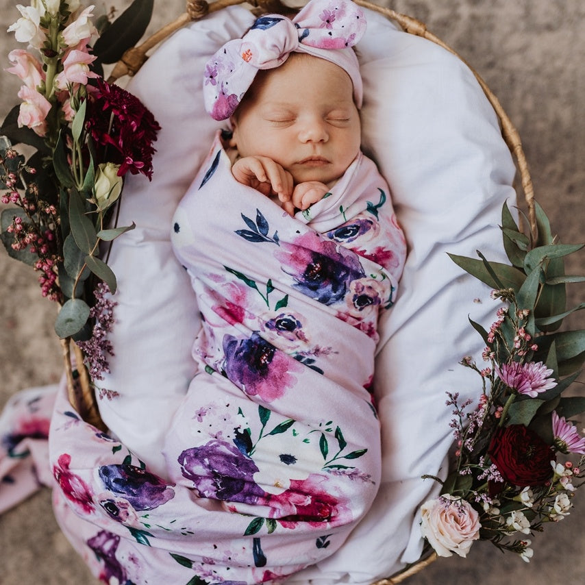 Baby Jersey Wrap & Topknot Set - Floral Kiss
